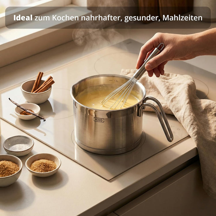 KHG Topf Kochtopf Milchtopf 14 cm Induktion, Edelstahl unbeschichtet | 11,5 cm hoher Rand, 1,5 Liter