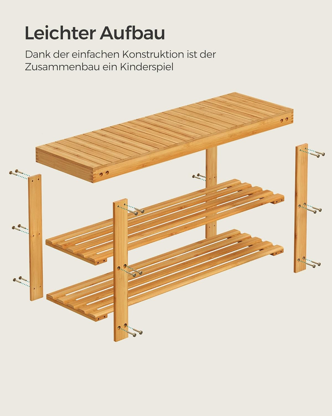 SONGMICS Bambus Schuhregal, Schuhschrank mit Sitzbank, Schuhbank mit 3 Ablagen 90 x 28 x 45 cm ideal