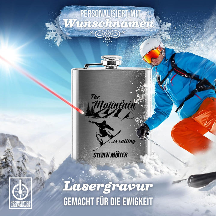 Flachmann mit Gravur aus Edelstahl selbst gestalten - The mountain is calling! - mit Name gravieren
