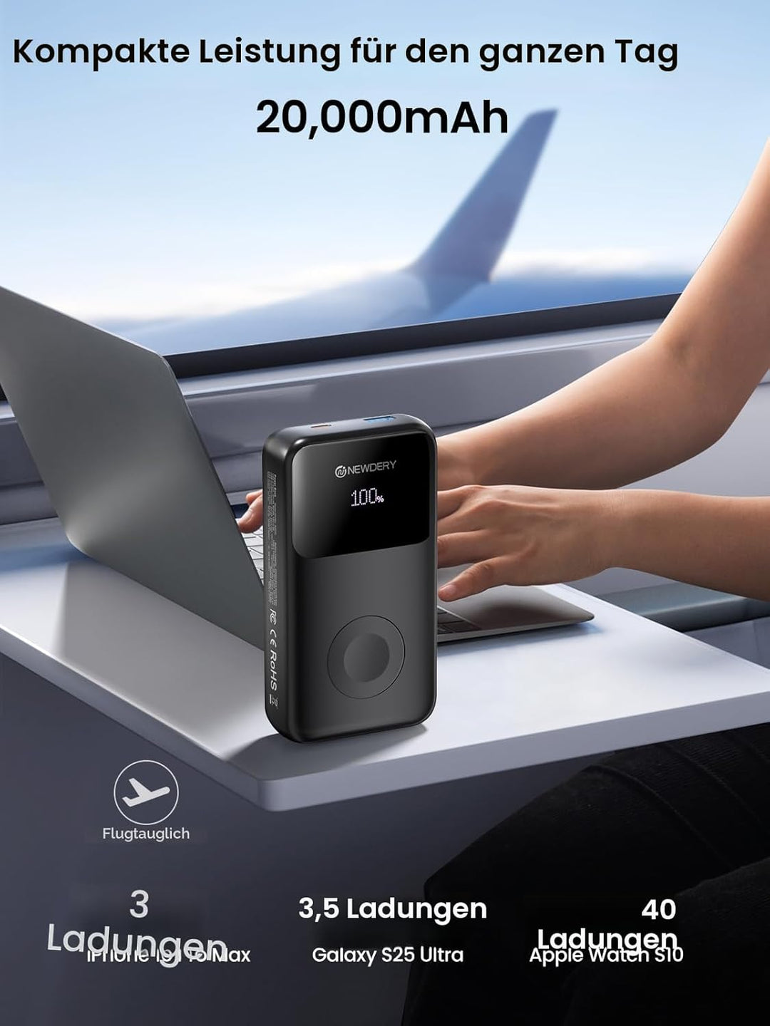 NEWDERY Powerbank für Apple Watch & iPhone Ladegerät 20000mAh Drahtloses Ladestation Power Bank, Sch
