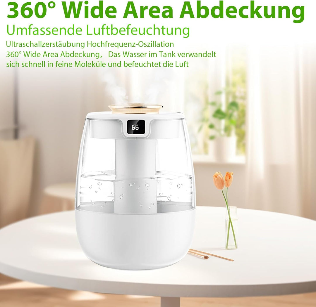 Luftbefeuchter, 1L Leise Humidifier mit 2 Loch, Luftbefeuchter mit leiser USB-Digitalanzeige, 2 Nebe