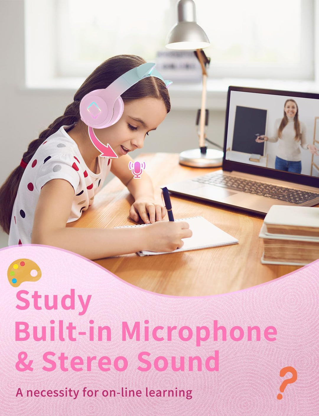 Bluetooth Kopfhörer Kinder,Kabellos Kinder Kopfhörer mit LED-licht Katzenohren und Mikrofon,HD Stere