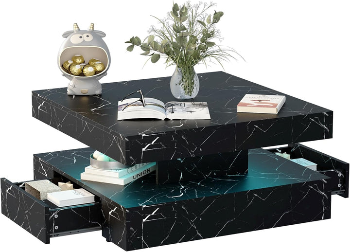 KEEPREAPER Couchtisch LED, Wohnzimmertisch mit 2 Schubladen für Wohnzimmer 78 x 78 x 40cm (Schwarz M