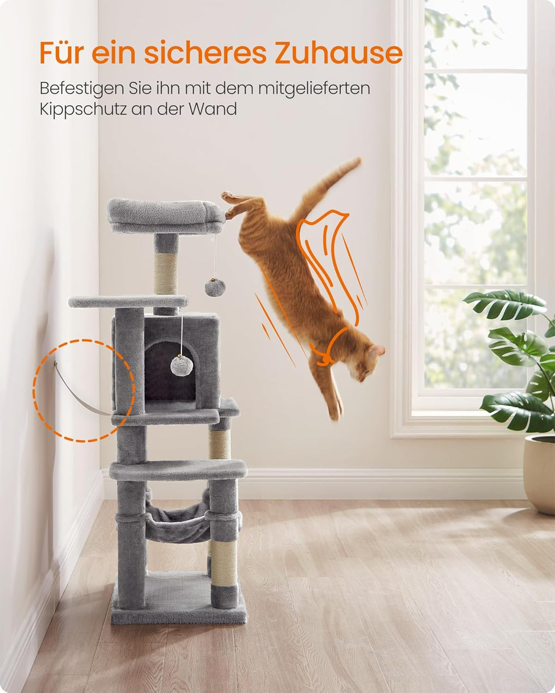 Feandrea Kratzbaum, 112 cm hoch, Katzenbaum, mehrstöckiges Katzenhaus, mit 4 Kratzsäulen, 2 Plattfor