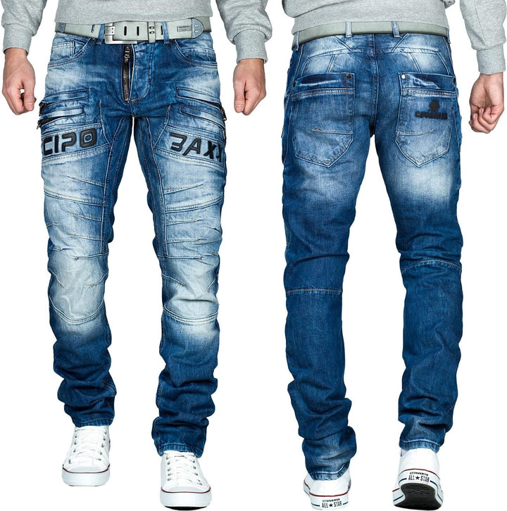 Cipo & Baxx Herren Jeans im Bikerstyle – Regular Fit oder Slim Fit | Stone Washed Denim mit Ziernäht