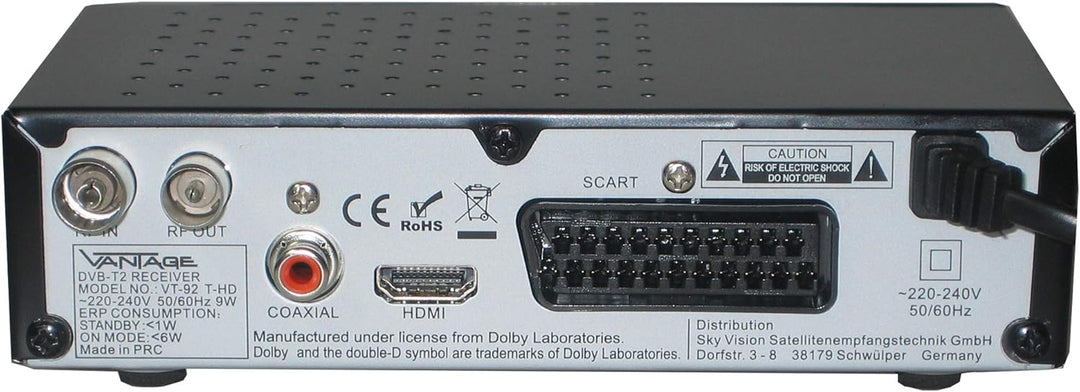 Vantage VT-92 T-HD Receiver (DVB T2, HEVC, Display, USB, HDMI, SCART, Mediaplayer) schwarz Single, S