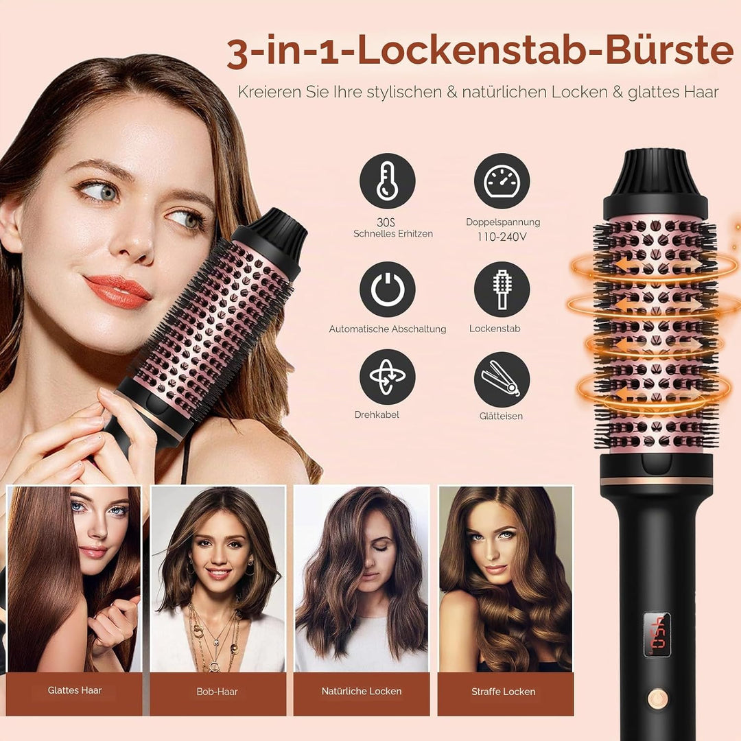 Thermal Brush, 3 IN 1 Lockenbürste Wärmebürste, 38 mm Volumen Haar Kamm, Thermobürste Rundbürste 120