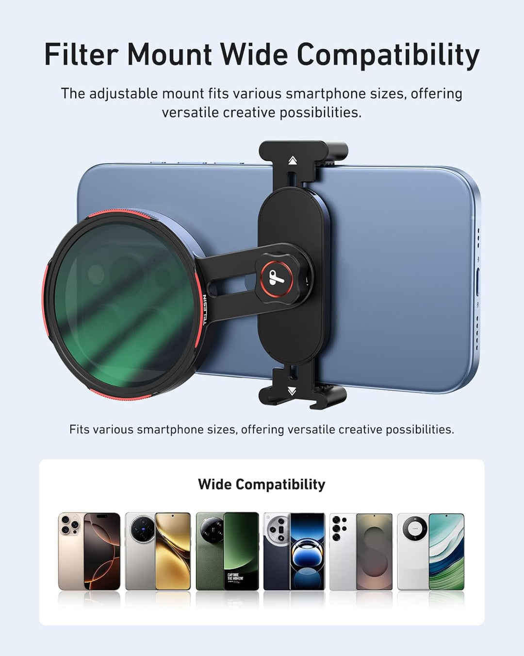 TELESIN Universal Handy Filterhalterung Geeignet für 67mm Filter, Clip-On Handykamera Filteradapter