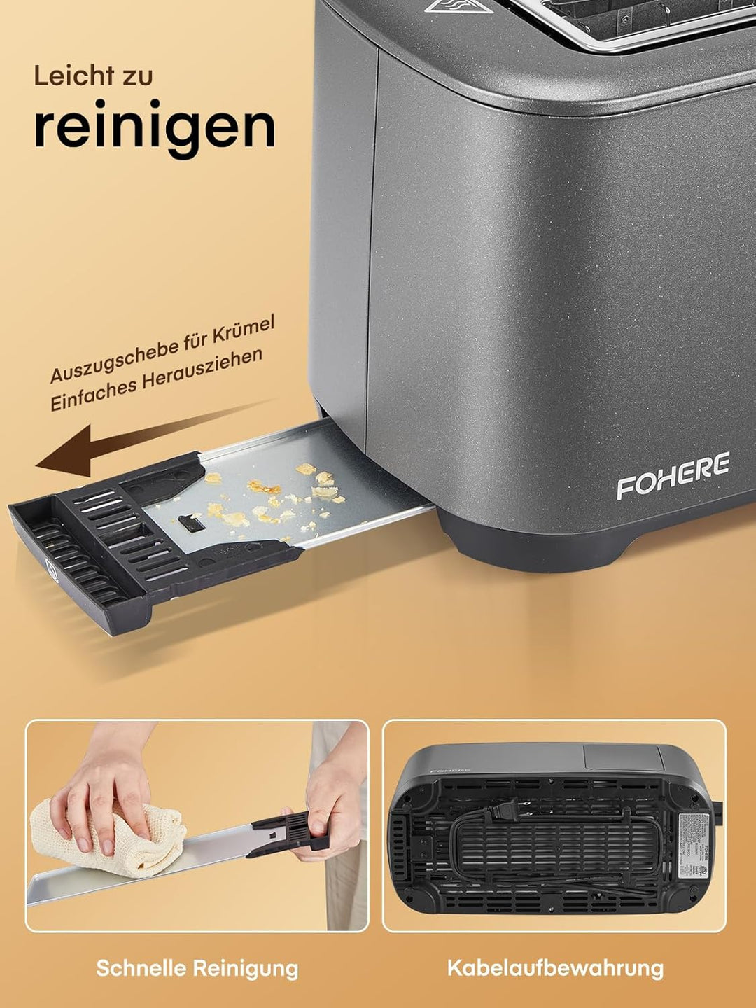 Toaster 4 Scheiben, 1400W Edelstahl Langschlitz Toaster, 9 Farbeinstellungen und 3 Brotsorten, Abbru