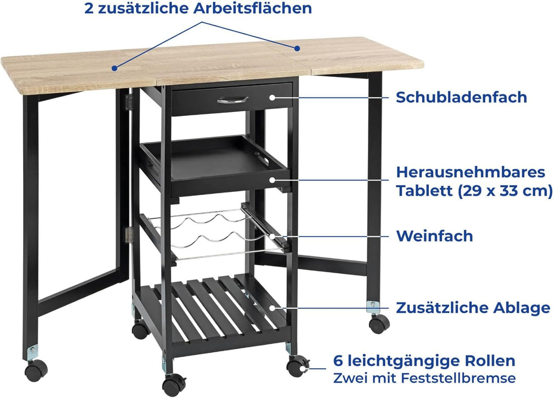 Maximex Küchenwagen mit Rollen 97x77x37cm, rollbarer Servierwagen mit ausklappbaren Seitenteilen & h