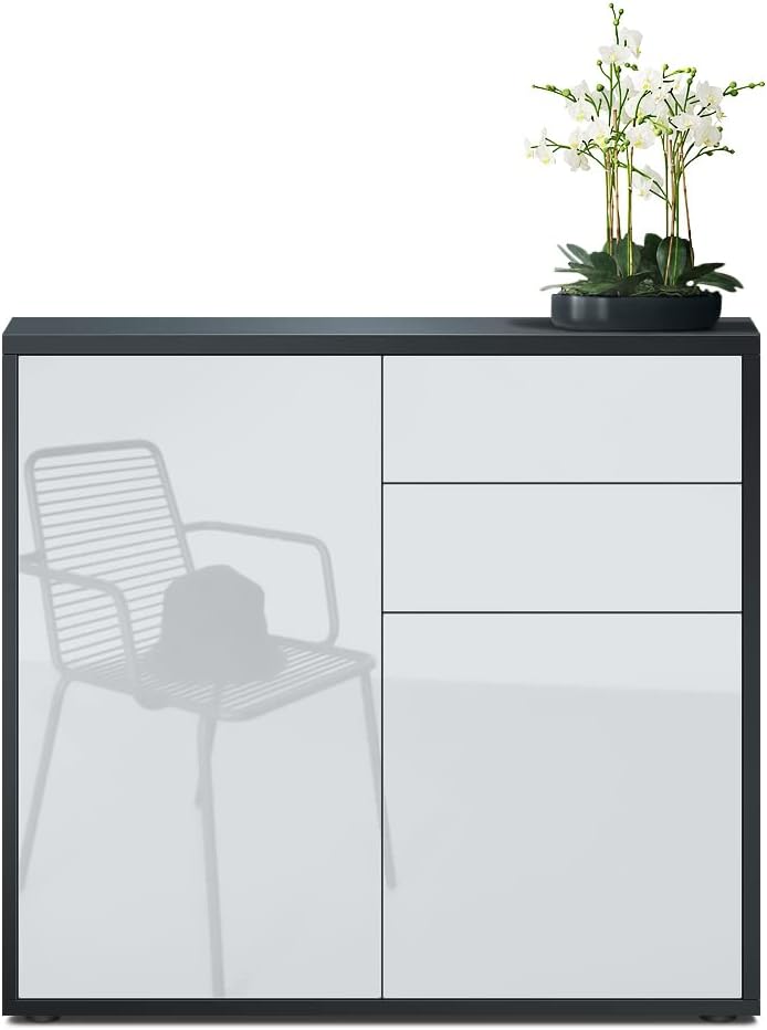 Vladon Sideboard Ben, Kommode mit 2 Türen und 2 Schubladen, Schwarz matt/Weiss Hochglanz (79 x 74 x