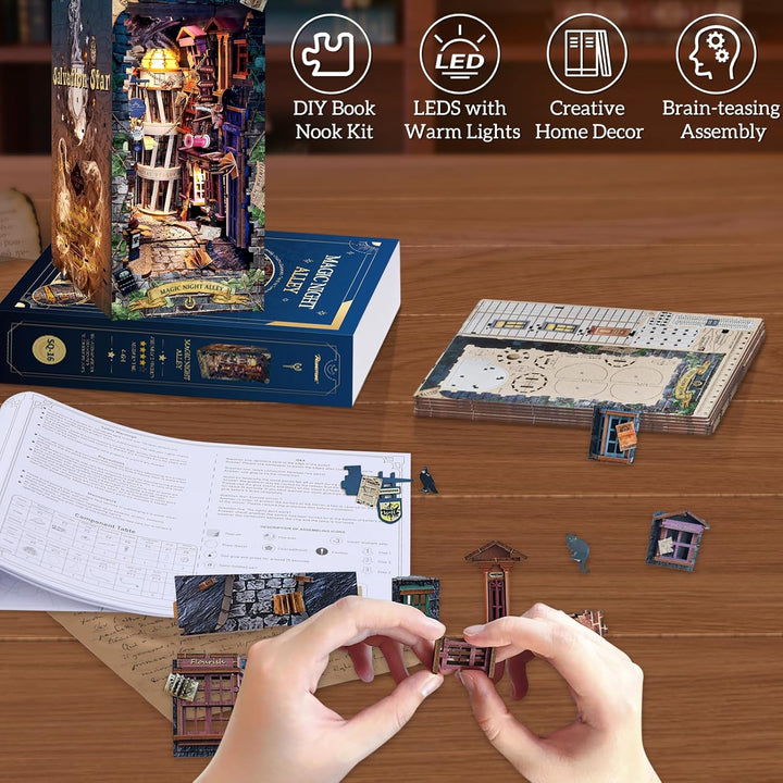 RONSTONE Book Nook- DIY Booknook Kit Miniatur Puppenhäuser mit Staubschutzhülle und LED Licht - Magi