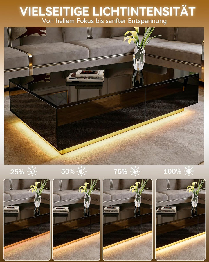 Couchtisch Schwarz Hochglanz mit 16 Farben LED, Dimmbare Beleuchtung, Moderner Wohnzimmertisch mit 4