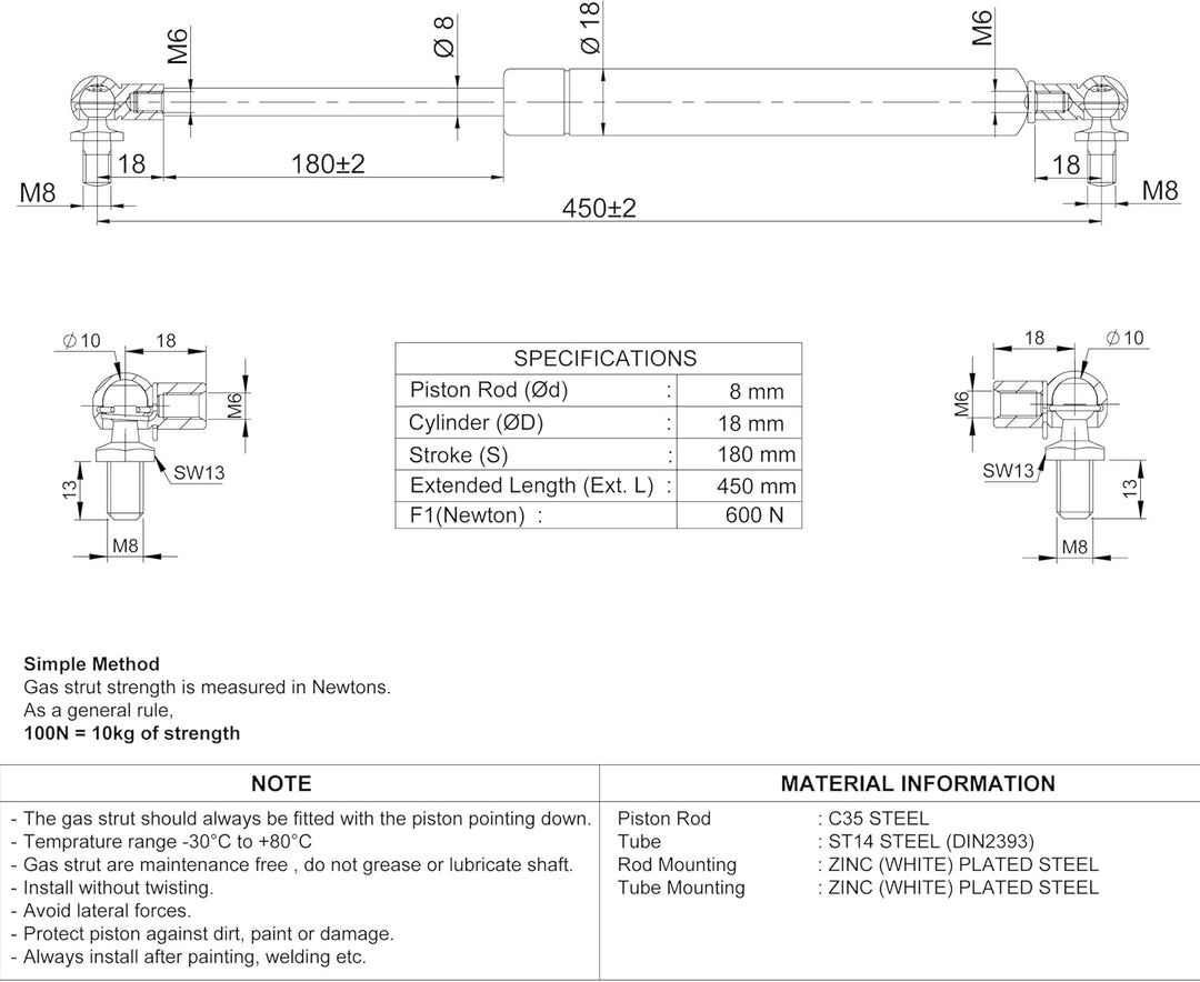 Universal Gasdruckfeder Gasdruckdämpfer Gasfeder Dämpfer für Türen, Autos, Kofferraum Motorhaubendäm