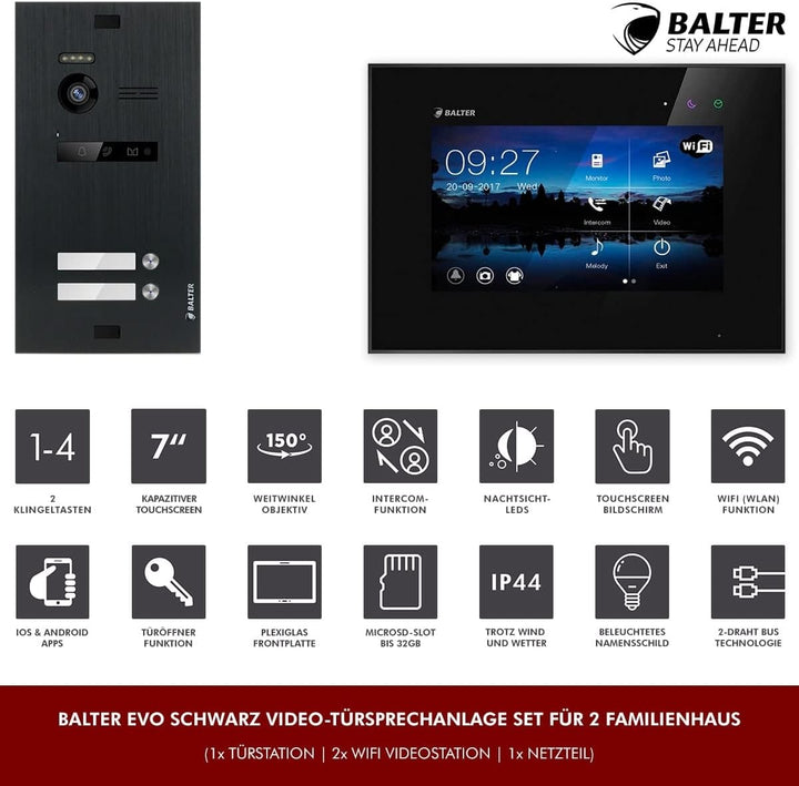 Nonic Balter EVO Video-Türsprechanlage WLAN Set 2 Familienhaus (1x Türstation mit Kamera Schwarz, 2X