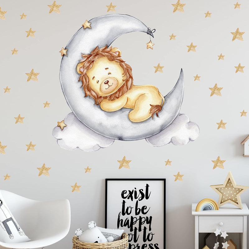 WANDKIND Löwe auf dem Mond V302 | handgezeichnet | AUFKLEBER Kindergarten | Wandsticker Kinderzimmer