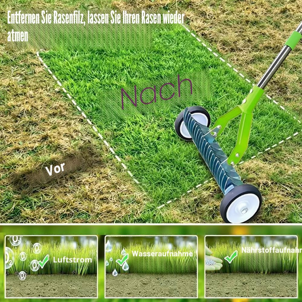 Handvertikutierer mit Rollen, 165cm Vertikutierrechen Garten, Rasenrechen mit Rädern, Laubrechen mit