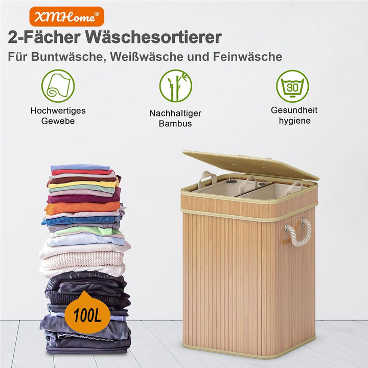 Wäschekorb 2 Fächer 100L Bambus Wäschesammler faltbar mit Deckel &amp; Griffen, herausnehmbare &amp; waschba