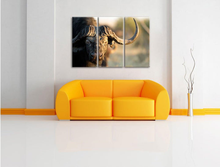 Pixxprint Kaffernbüffel mit Hörnern / 3-Teilig/Gesamtmass 120cm Leinwandbild bespannt auf Holzrahmen