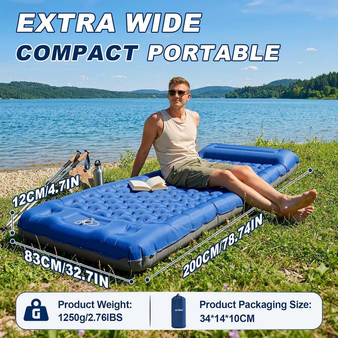 JATEKA Isomatte Camping, 12CM Dicker Aufblasbare Isomatte Sleeping Mat Blau + Grau - Einzel, Blau +