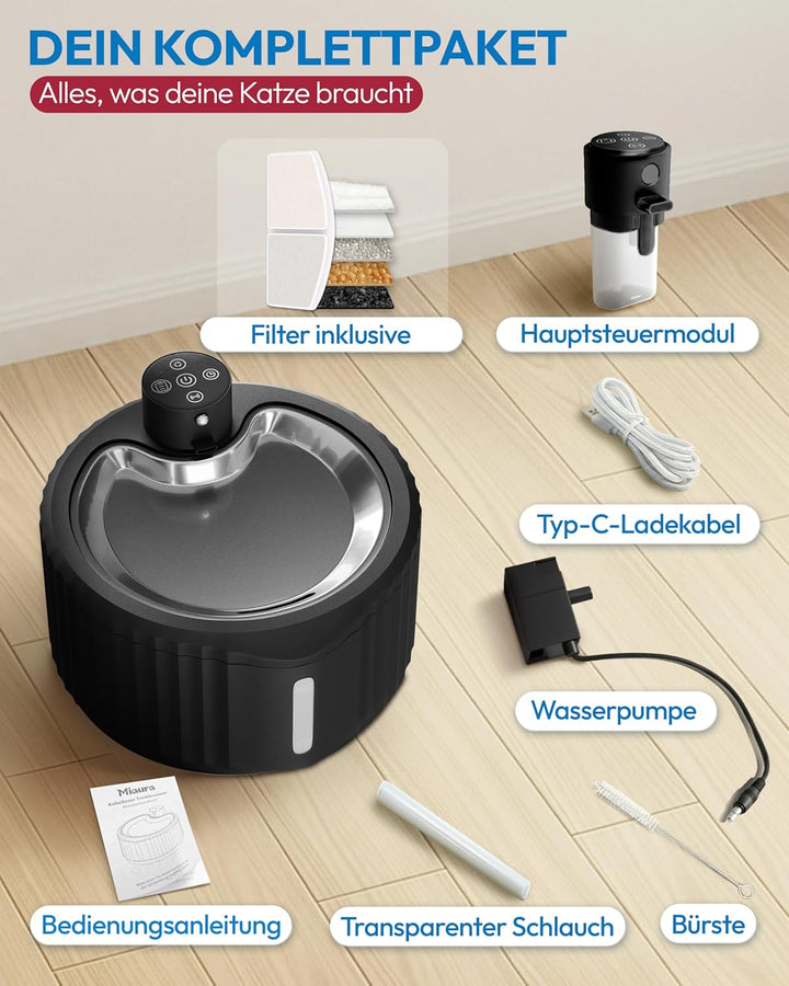 Miaura® Katzenbrunnen kabellos und super leise - Trinkbrunnen für Katze 2.8L Kapazität - Katzen Trin