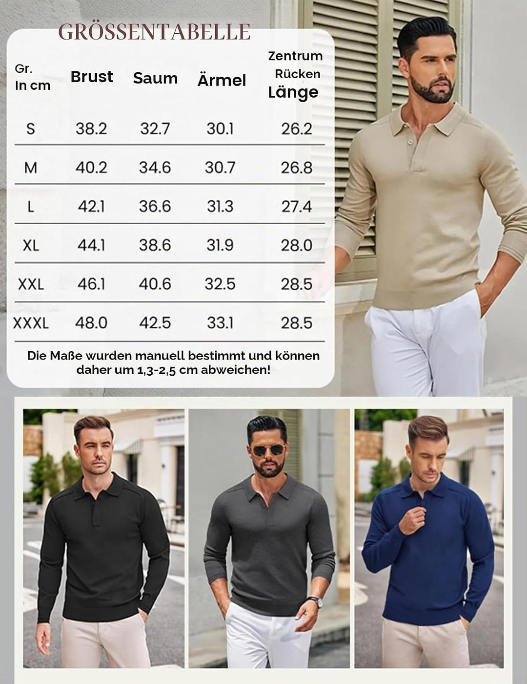 COOFANDY Strickpullover Herren Poloshirt Langarm Polo Pullover Pulli mit Polokragen Versteckte Knopf