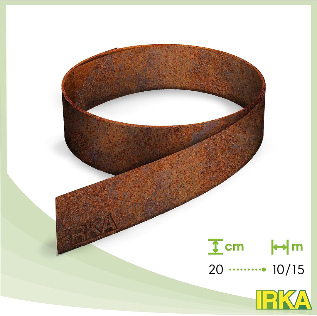 IRKA Rasenkantenband Cortenstahl Garten 20 cm x 10m x 1mm | Cortenstahl Rasenkante Rost mit Versteif