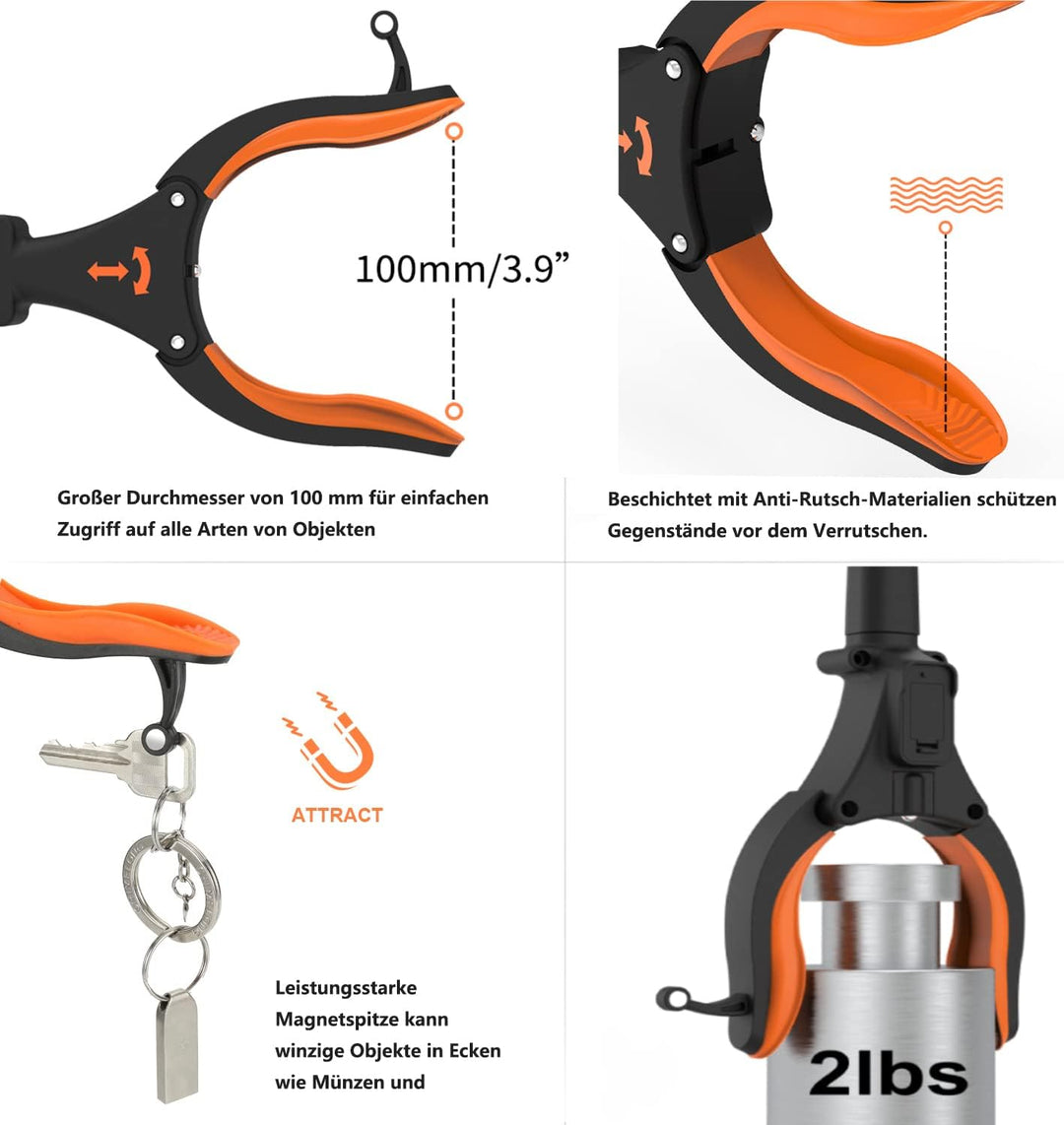 Kekoy 81cm Greifer mit Licht, Faltbare Greifzange für Senioren, Orange | Aluminium Müllgreifer Zange