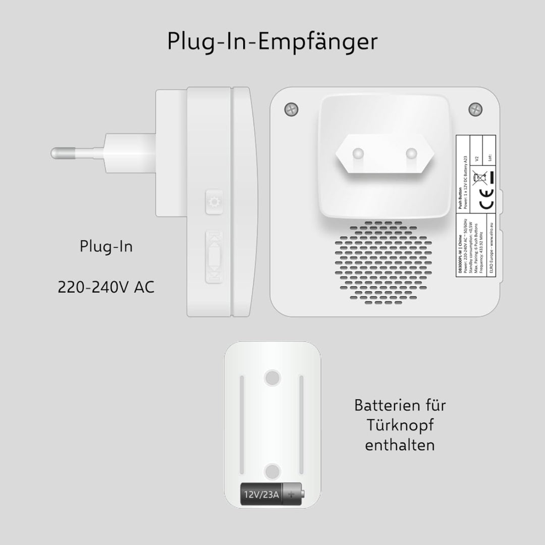 ELRO DB3000 Funk Türklingel Set - 1x Tragbare Empfänger mit Batterie + 1x Plug-in Empfänger für Stec