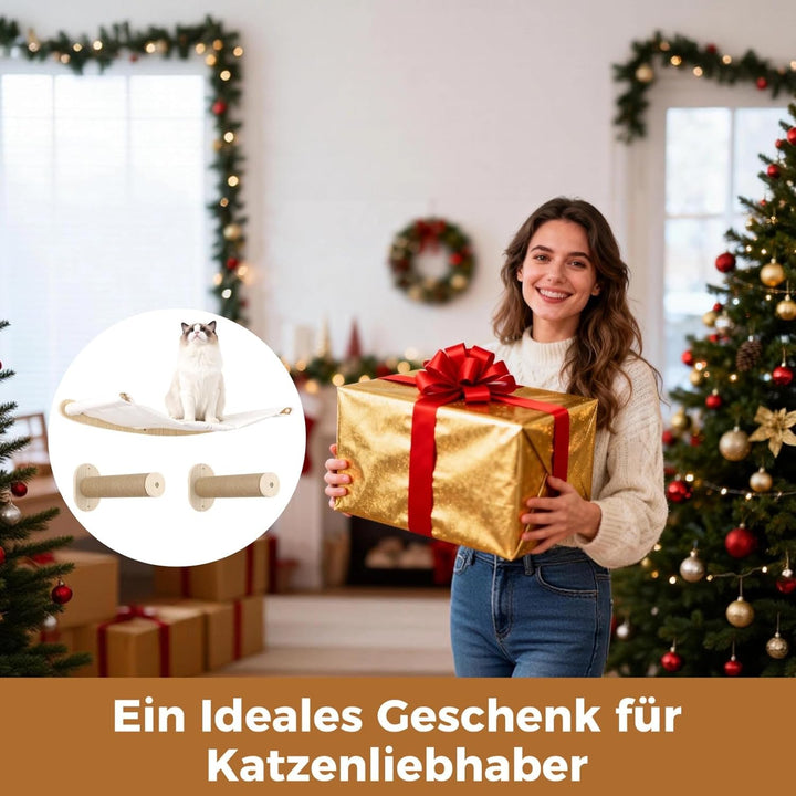 Katzenhängematte Wandmontage, Kletterwand Set aus Massivholz mit Katzentreppe, Holz Katzenbett mit K