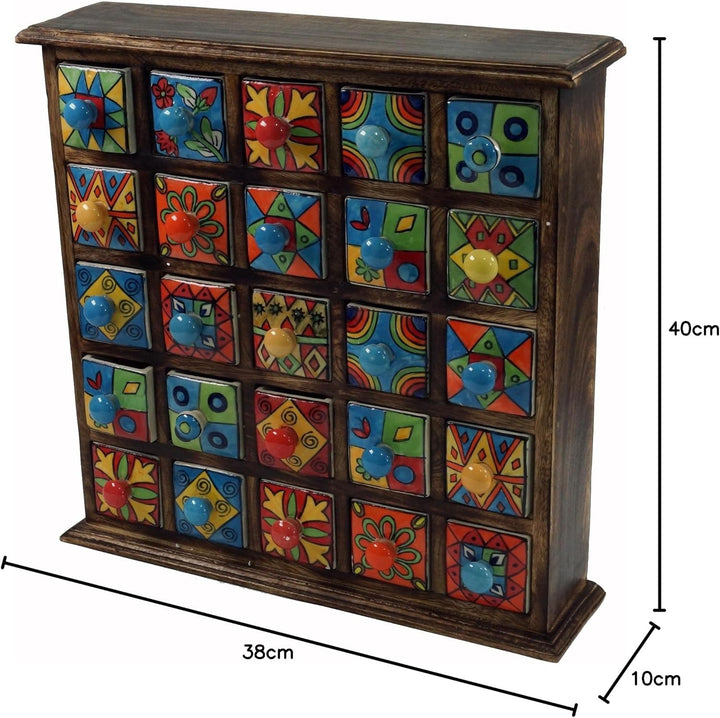 GURU SHOP Apothekerschränkchen mit Bunten Keramik Schubfächern - 5x5 Fächer, Braun, 40x38x10 cm, Dos