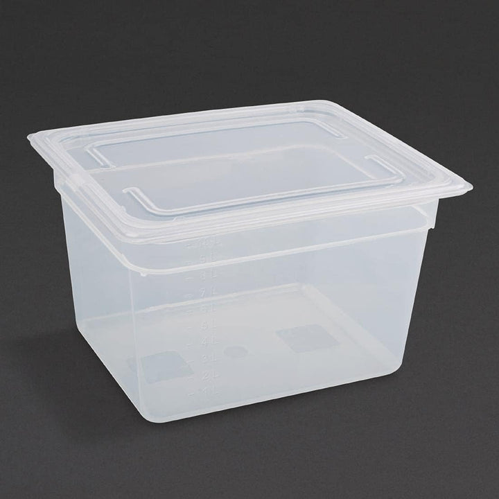 Vogue Polypropylene GN Container 1/2 with Lid 200mm (H) 11.7Ltr (Pack 4) 325(L)x265(W)x100(D)mm, 325