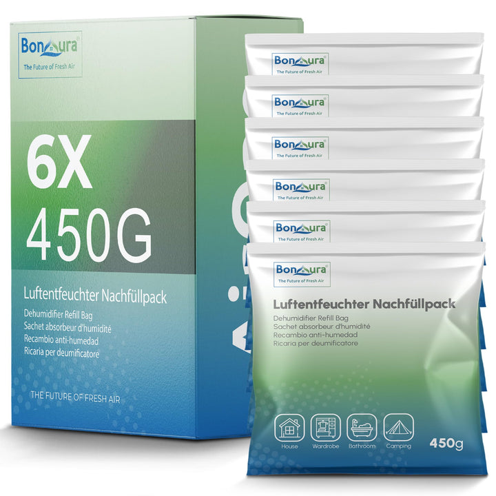 BonAura® AirOne Lite Luftentfeuchter Nachfüllpack I 6er Set 450g Luftentfeuchter Granulat I Entfeuch
