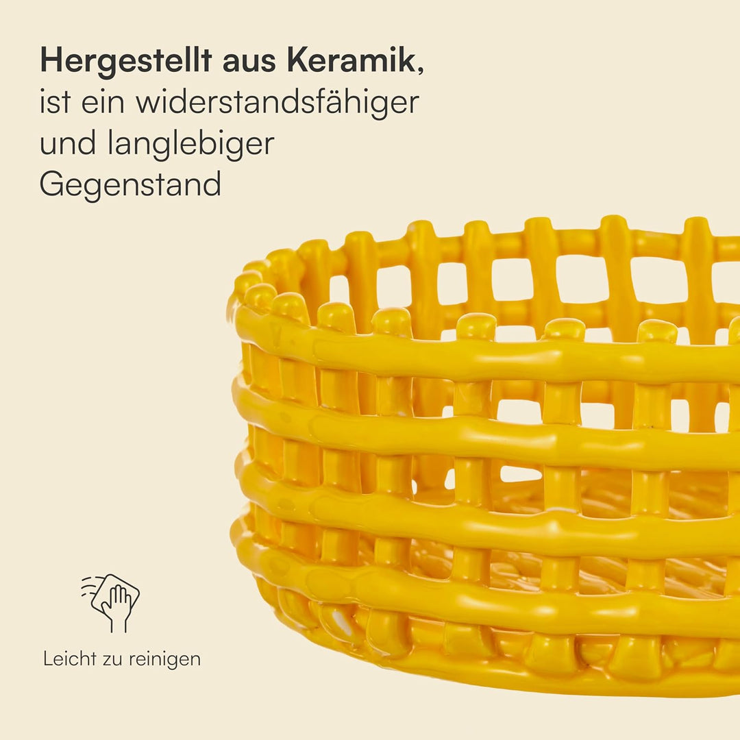 Baroni Home Mehrzweckkorb aus Keramik, Obstkorb, Tischdeko, Taschenleerer, rund, gelb, 21 x 21 x 9 c