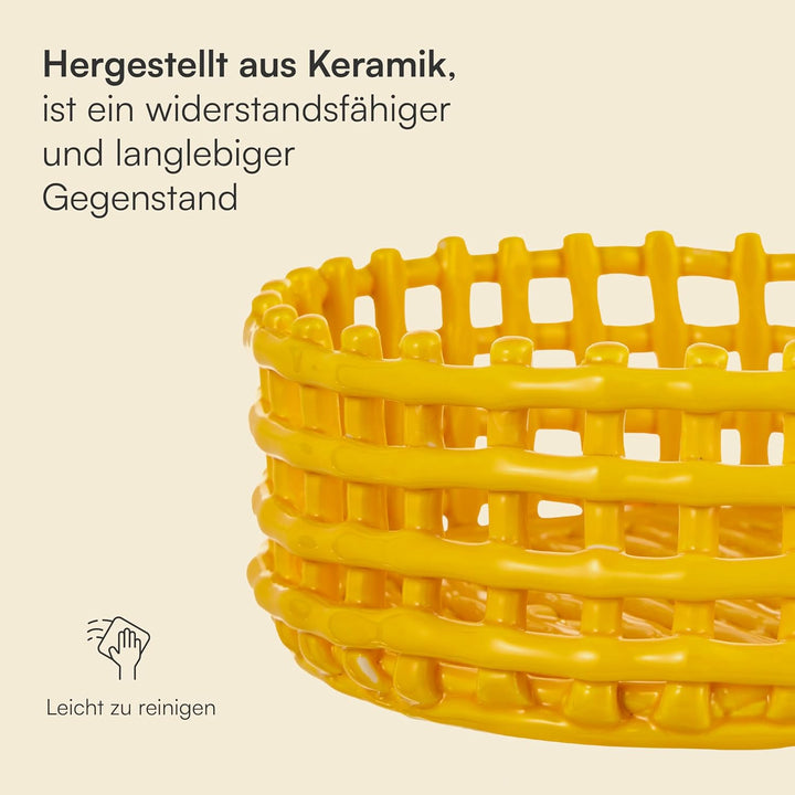 Baroni Home Mehrzweckkorb aus Keramik, Obstkorb, Tischdeko, Taschenleerer, rund, gelb, 21 x 21 x 9 c