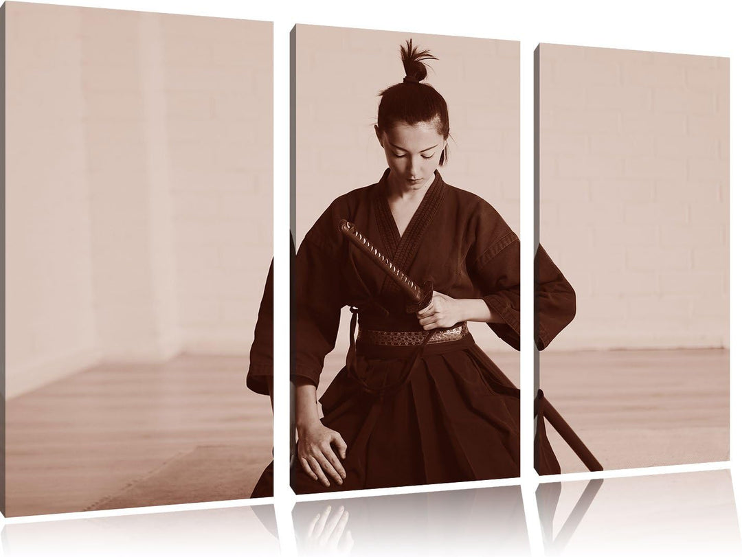 Pixxprint stolze Samurai-Kriegerin B&W Detail 3-Teiler Leinwandbild 120x80 Bild auf Leinwand