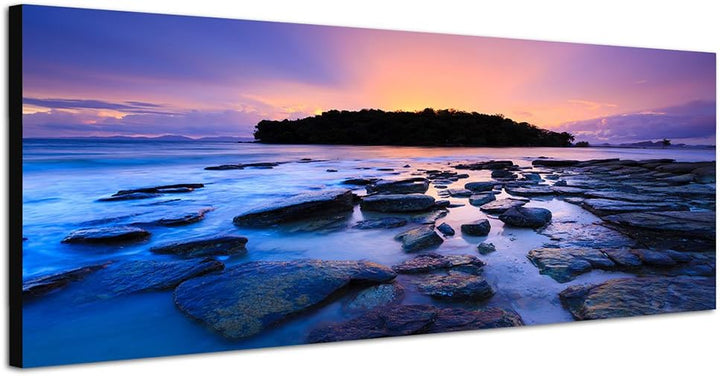 Paul Sinus Art Panoramabild auf Leinwand und Keilrahmen 150x50cm Thailand Meer Steine Sonnenuntergan