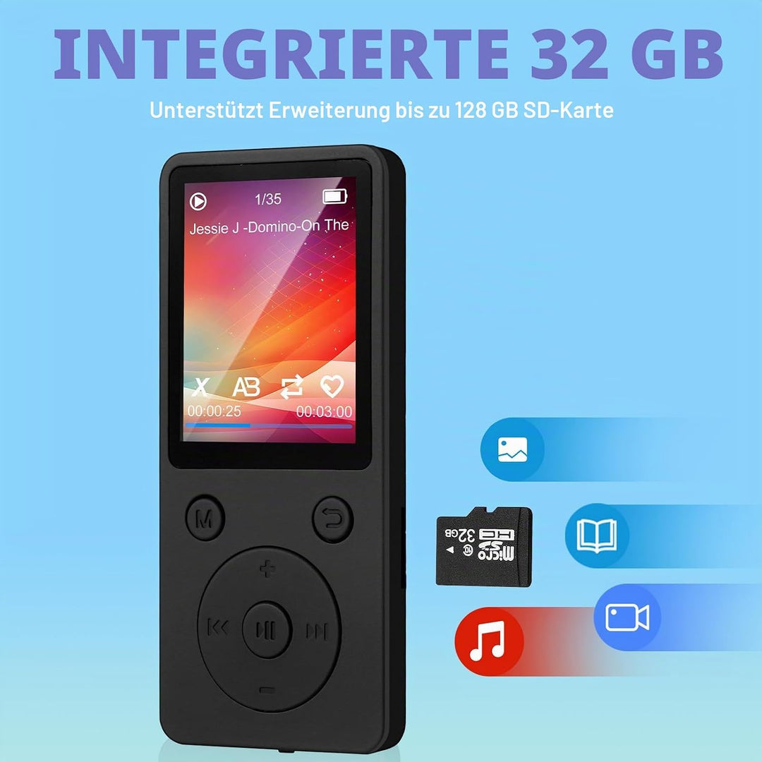 MP3 Player mit Bluetooth 5.2, 32 GB Speicherkarte, 1,8 Zoll TFT Farbbildschirm, M8 Musik-Player Spor