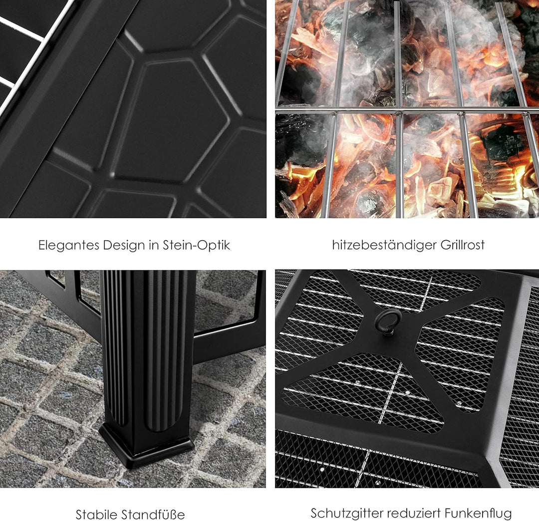 KESSER® Feuerstelle mit Grillrost & Grillzange Feuerschale 82x82x50cm, 3in1 Multifunktional Fire Pit
