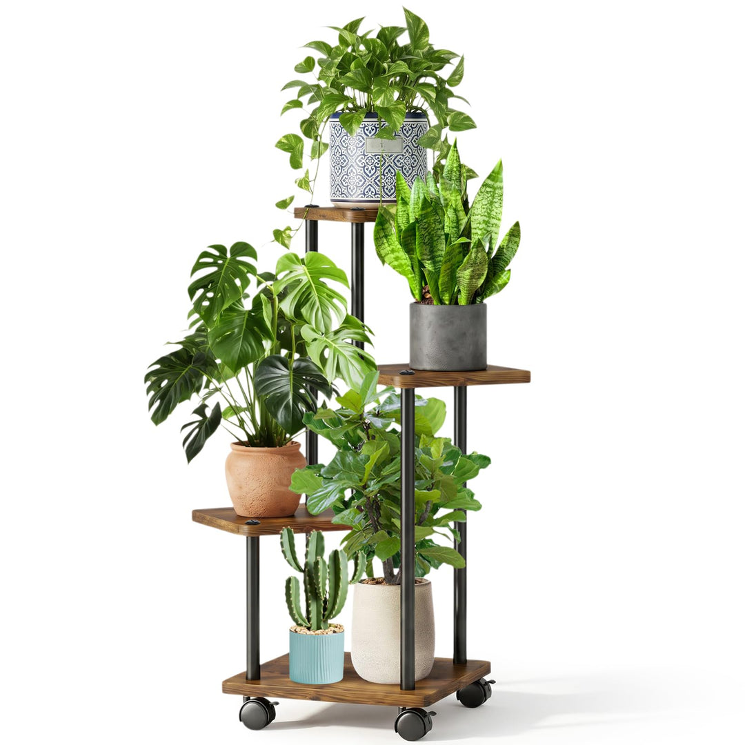 Blumenständer mit Rollen, 4 Etagen Pflanzenständer aus Metall und Holz, Platzsparend Indoor Pflanzen
