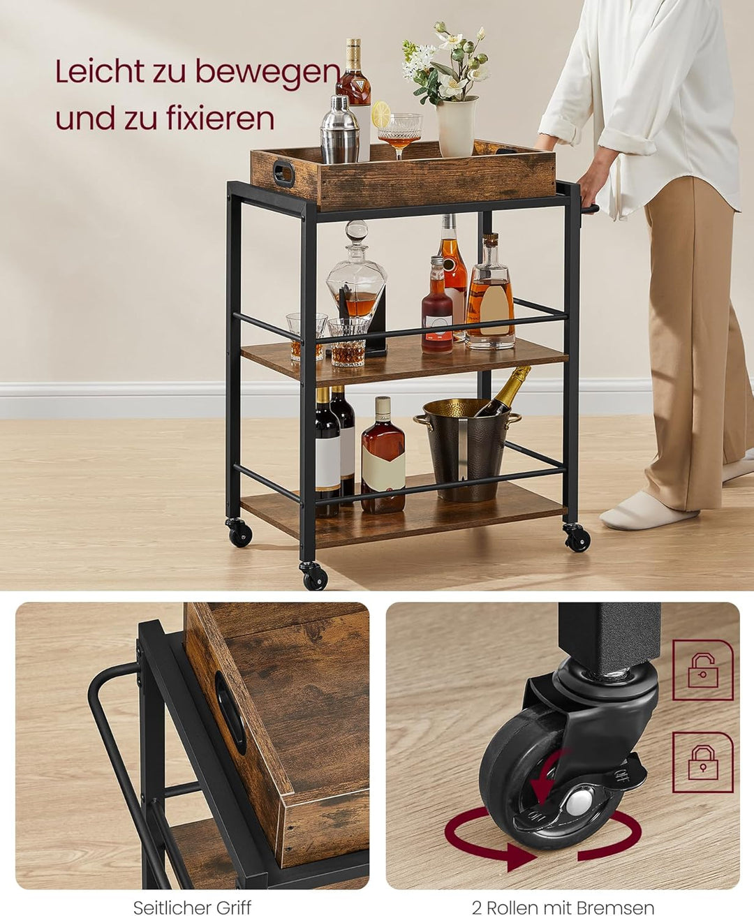 VASAGLE Servierwagen, Küchenwagen, abnehmbares Tablett, mit verstellbaren Füssen und Rollen, Küchenr