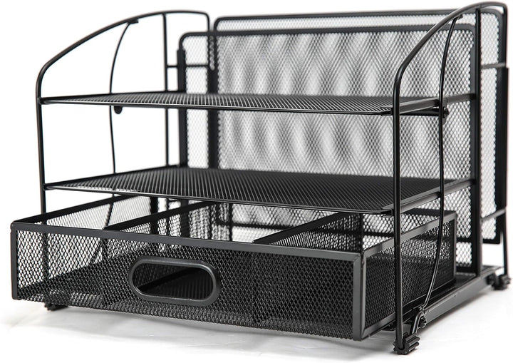 EXERZ Tisch-Organizer Aus Metalldraht Bürobedarf 3 Tabletts/Desktop-Aktenhalter Mit Schiebeschublade