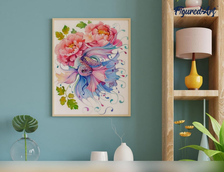 Figured'Art Malen Nach Zahlen Erwachsene Mit Rahmen Blumen und Fische - Paint by Numbers Basteln DIY