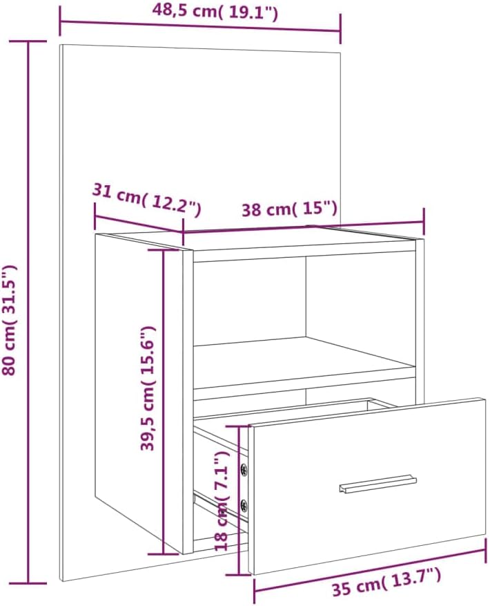 WIFESE Wand-Nachttisch Betongrau Holzwerkstoff 48,5x32,5x80 cm Nachtschrank Nachtkästchen Nightstand