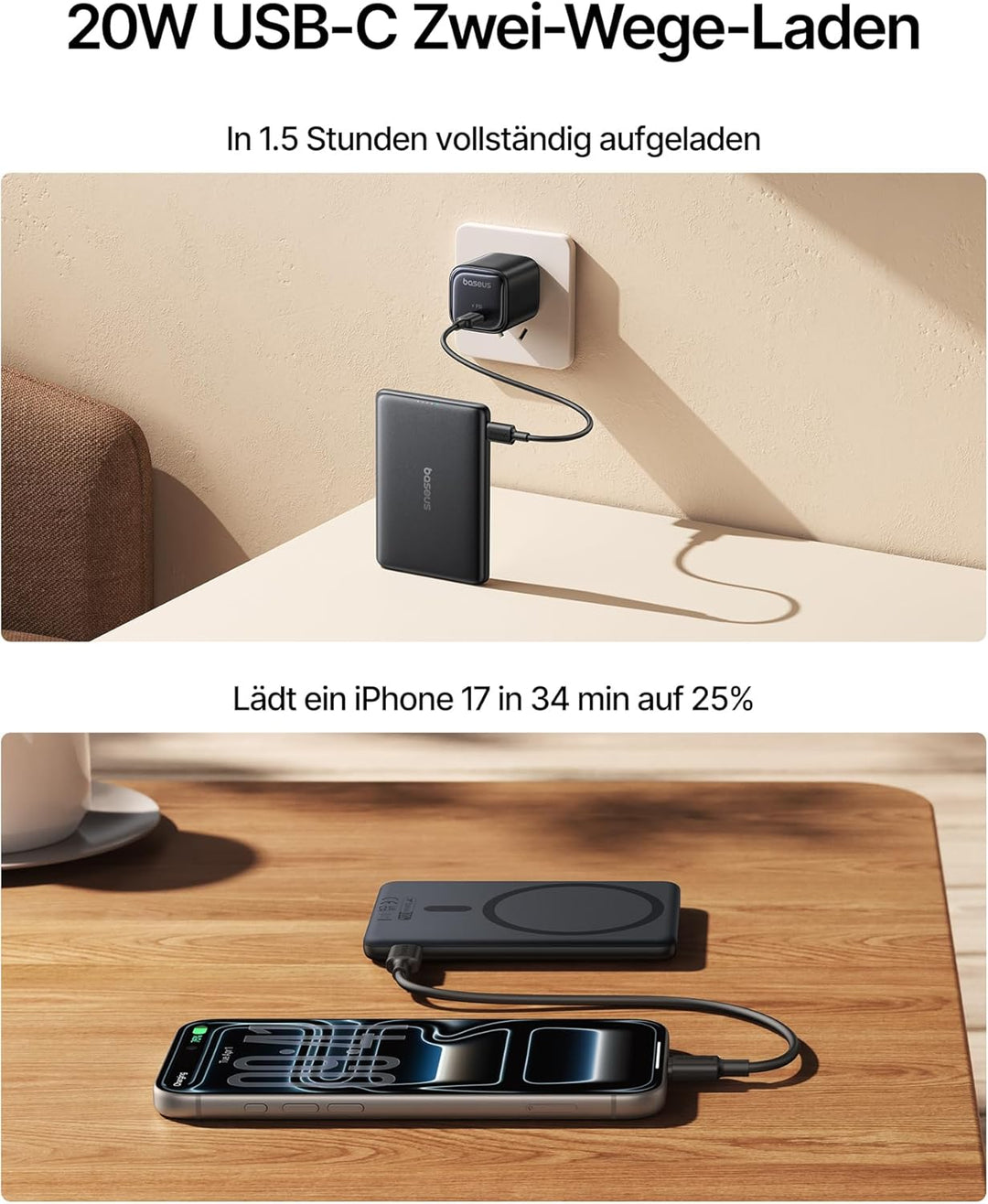 Baseus Picogo AM31 MagSafe Powerbank, Ultra Slim 20W Schnellladen 5000mAh Magnetische Powerbank, Wir