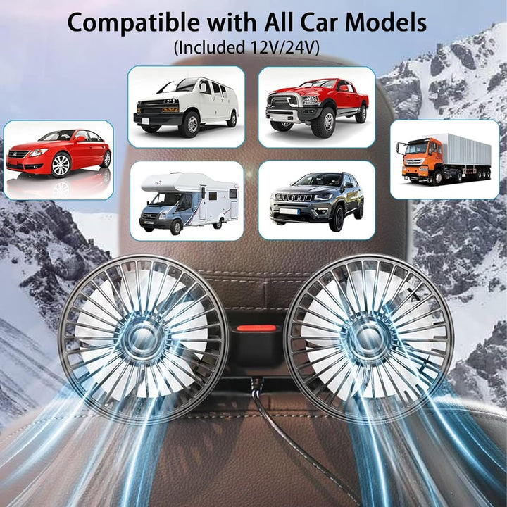 Doppelkopf 12V Auto Ventilator,Tragbare 360 °Drehbarer Auto Fan,Auto Ventilator für Rücksitz,Auto-Kü