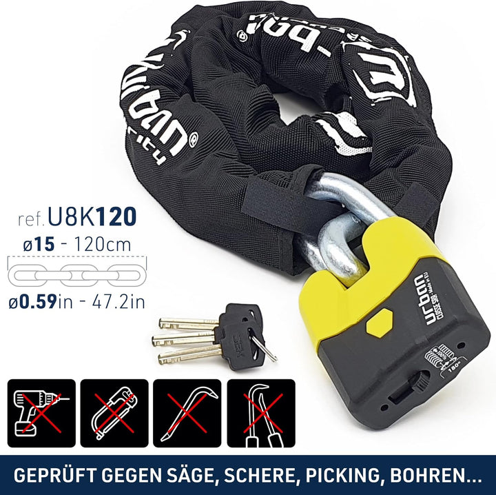 URBAN U8K120 Kettenschloss Motorrad Motorradschloss Vorhängeschloss und Kette, Sicherheit 20/20 mit