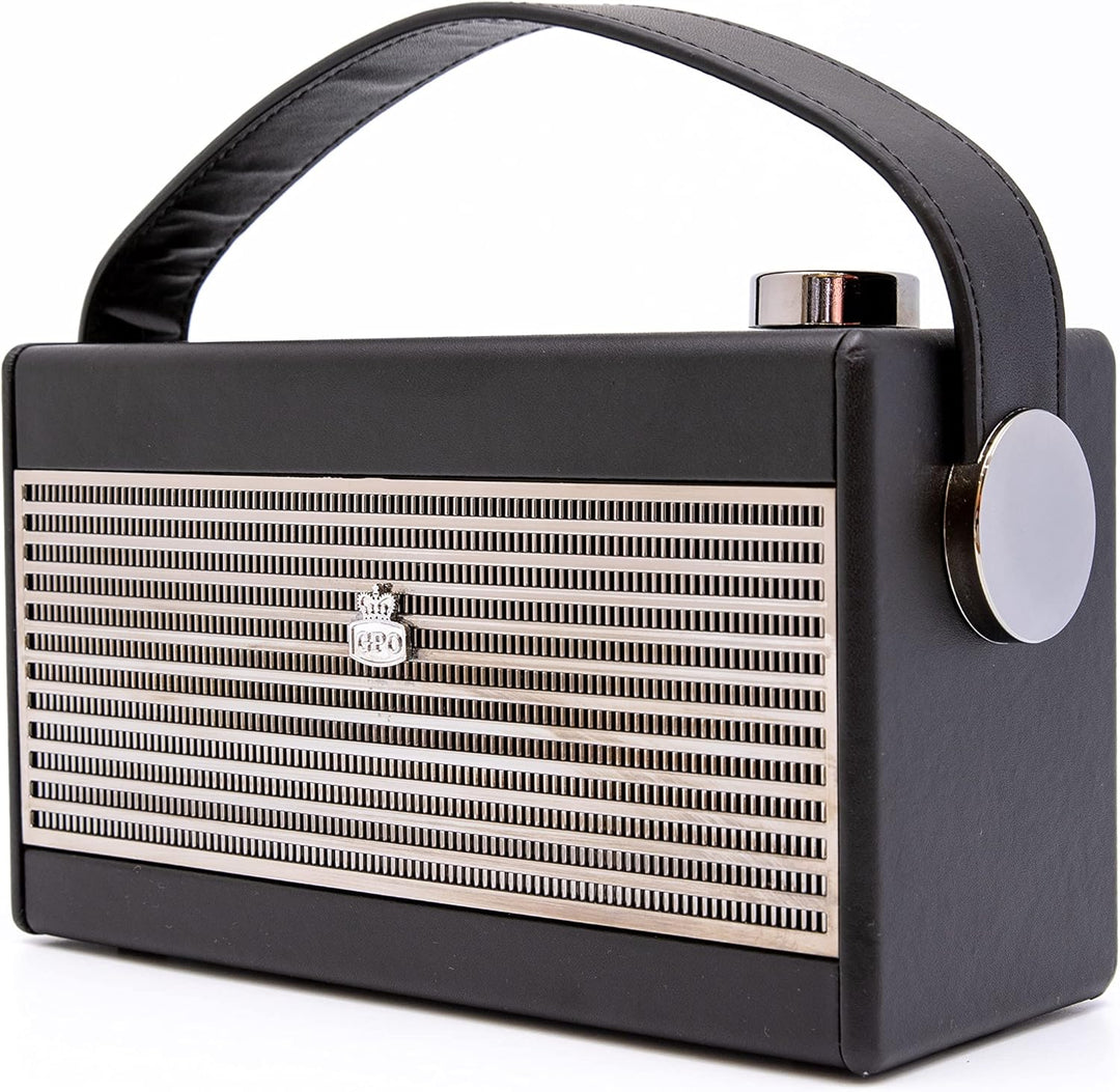GPO Darcy tragbares Retro Analogradio im Retro-Stil mit Tragegriff, Schwarz & Silber