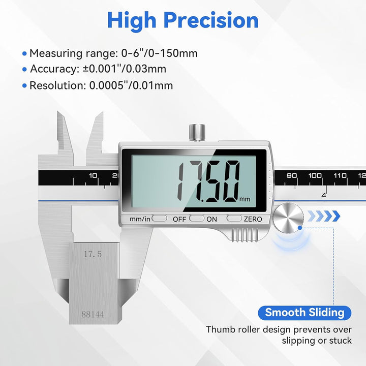 Housolution Digitaler Messschieber, 6Zoll Messschieber mit grossem LCD-Bildschirm, Zoll/MM-Schalter,