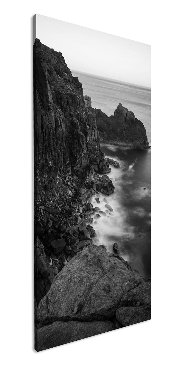 felsiger Abgrund ins Meer Panorama 100x50 cm Effekt: Schwarz/Weiss als Leinwandbild, Motiv fertig ge